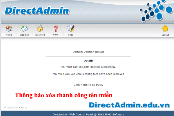 Thông báo xóa tên miền thành công